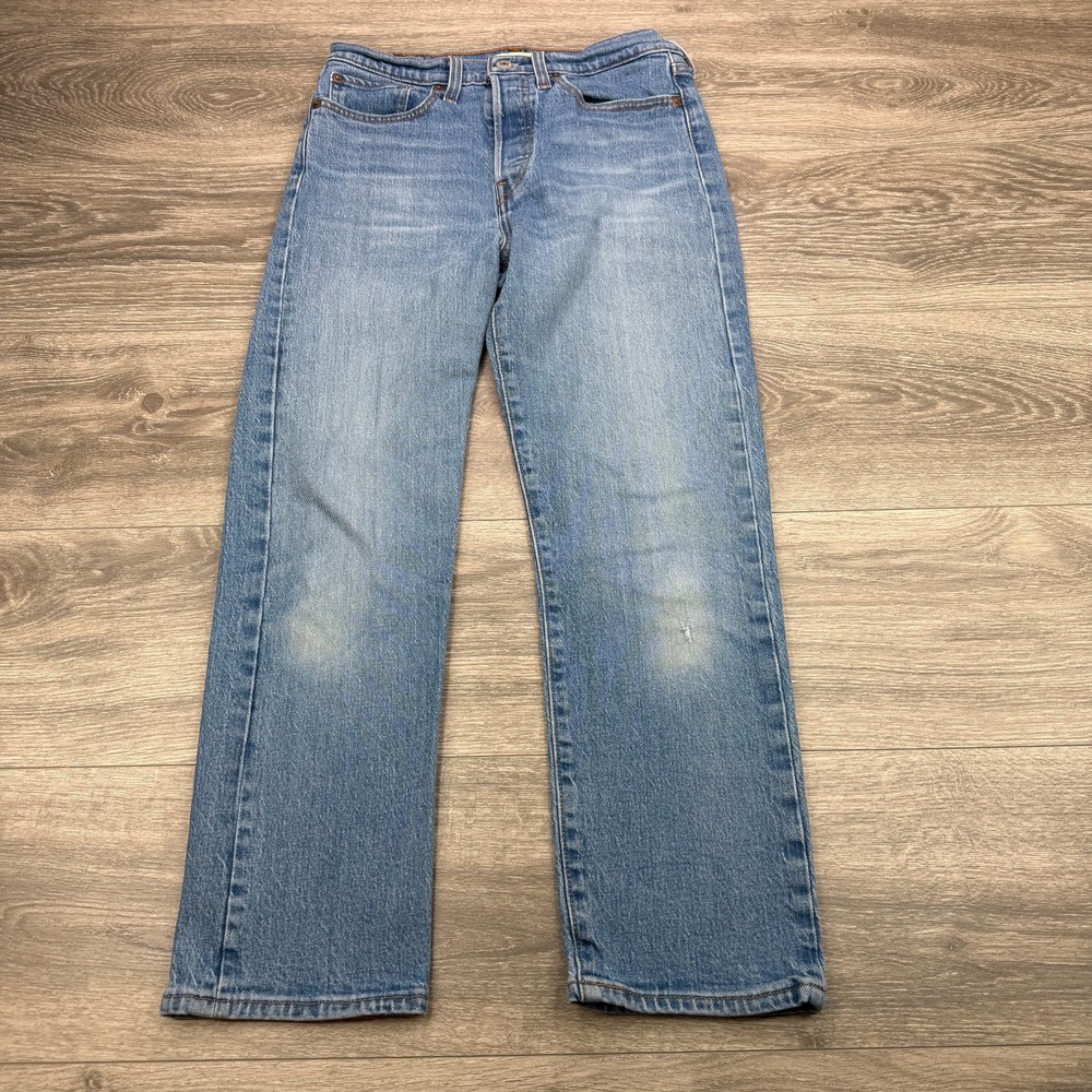 Levis Wedgie Straight Jeans Womens 27 Blue Faded Button Fly Distressed Mid Rise